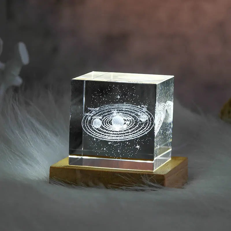 3D Maan Zonnestelsel Galaxy Model - Laser Gegraveerd Kristallen Glazen Kubus LED Nachtlampje Desktop Kamer Decoratie Cadeau