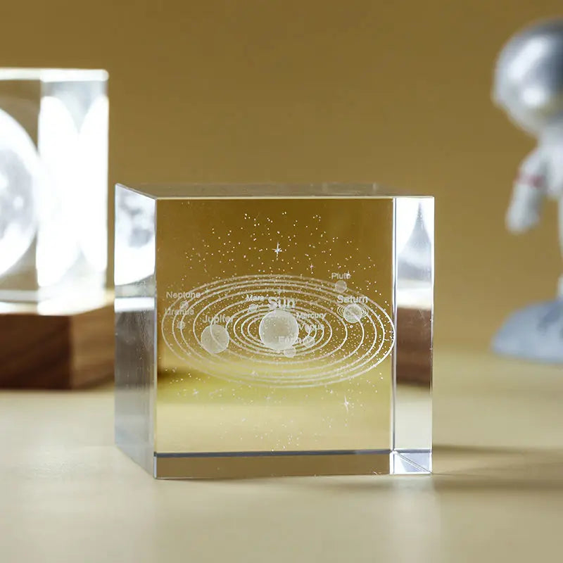 3D Maan Zonnestelsel Galaxy Model - Laser Gegraveerd Kristallen Glazen Kubus LED Nachtlampje Desktop Kamer Decoratie Cadeau