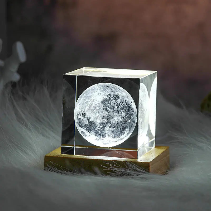 3D Maan Zonnestelsel Galaxy Model - Laser Gegraveerd Kristallen Glazen Kubus LED Nachtlampje Desktop Kamer Decoratie Cadeau