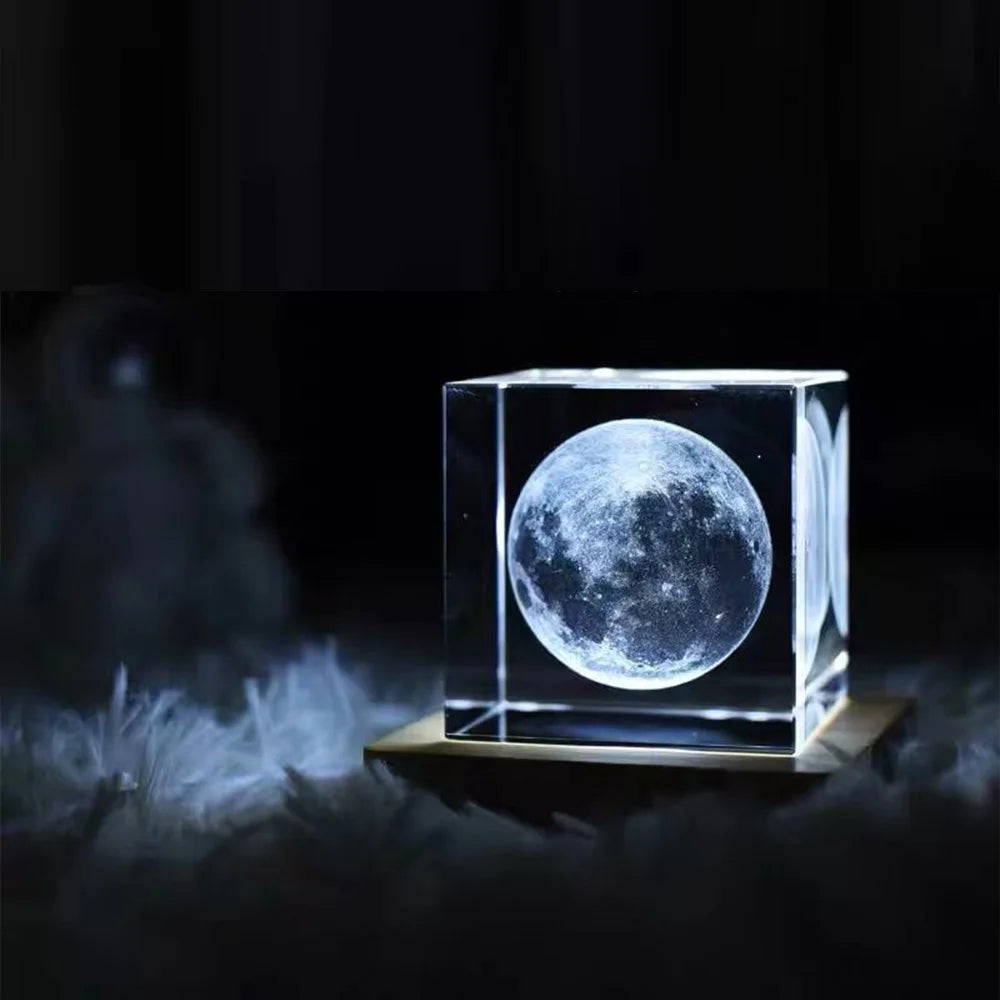 3D Maan Zonnestelsel Galaxy Model - Laser Gegraveerd Kristallen Glazen Kubus LED Nachtlampje Desktop Kamer Decoratie Cadeau