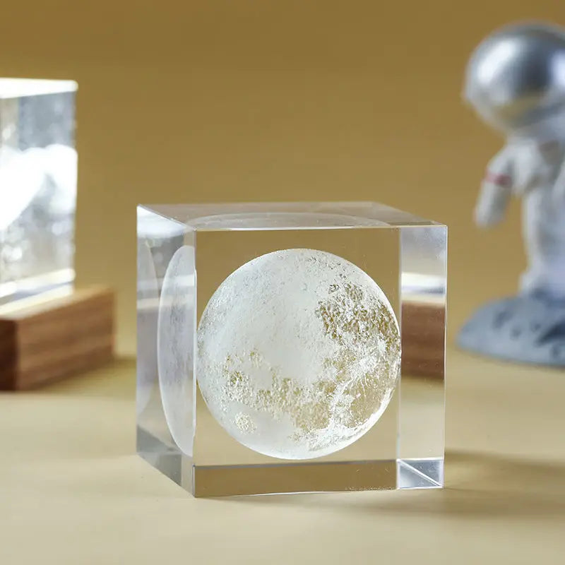 3D Maan Zonnestelsel Galaxy Model - Laser Gegraveerd Kristallen Glazen Kubus LED Nachtlampje Desktop Kamer Decoratie Cadeau