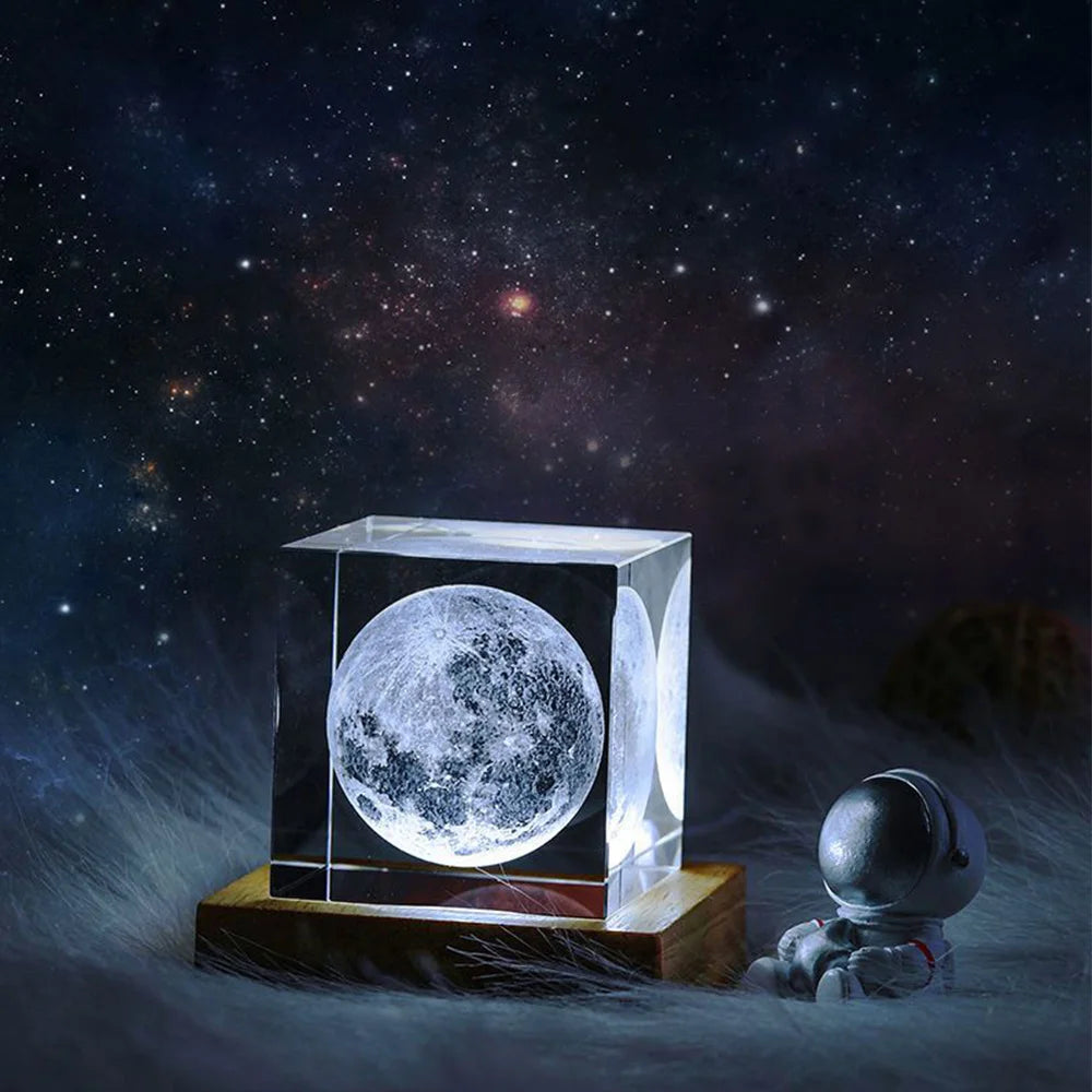 3D Maan Zonnestelsel Galaxy Model - Laser Gegraveerd Kristallen Glazen Kubus LED Nachtlampje Desktop Kamer Decoratie Cadeau