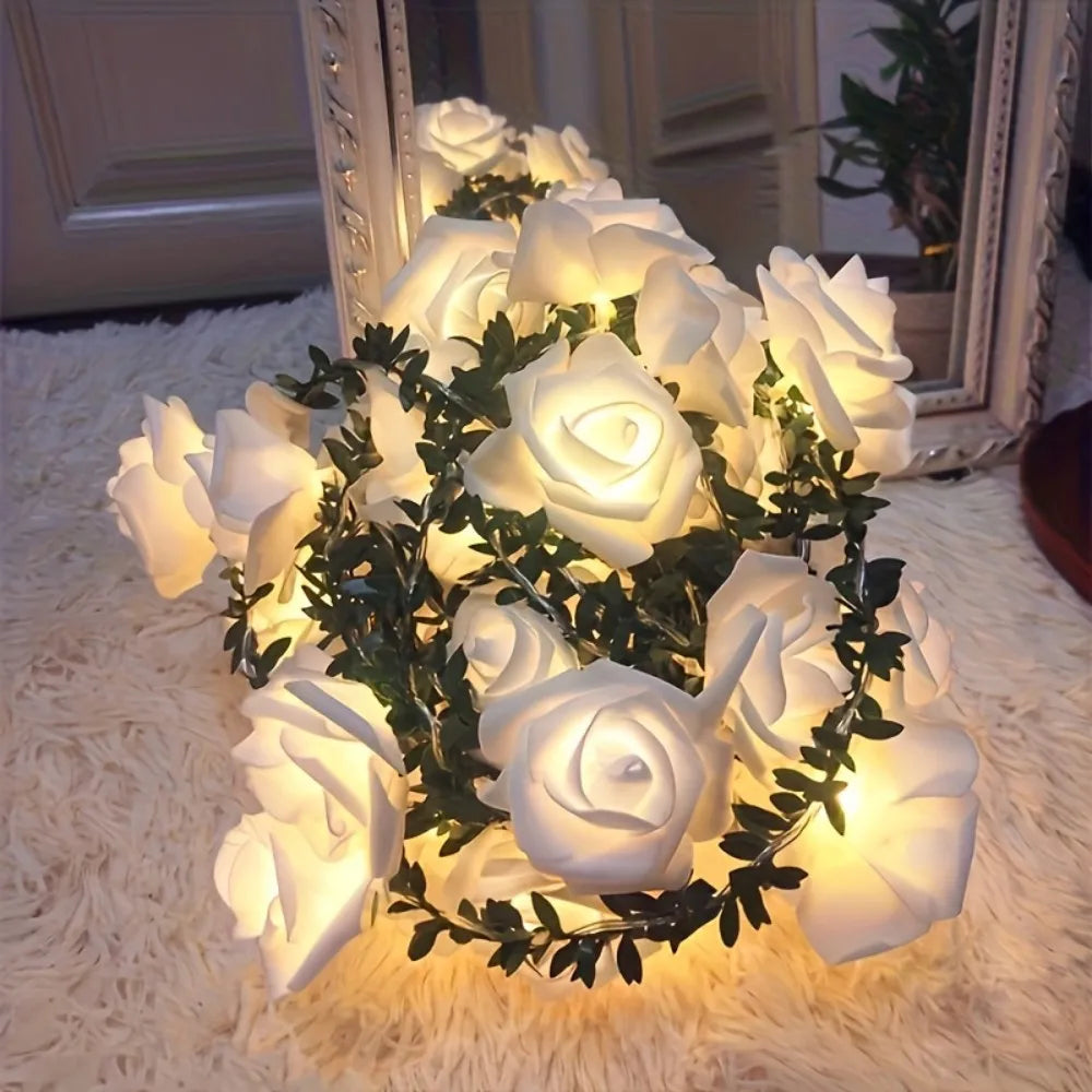 1PC Artificial White Rose  Fairy String Lights, Battery Powered（excl）, Decor for Bedroom Wedding Proposal, Valentine's  Day Gift