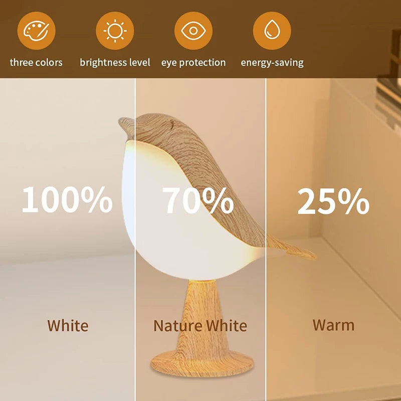 Houten Vogel Nachtlampje LED - 3 Kleuren Touch Schakelaar Oplaadbaar voor Slaapkamer Bureau Decoratie