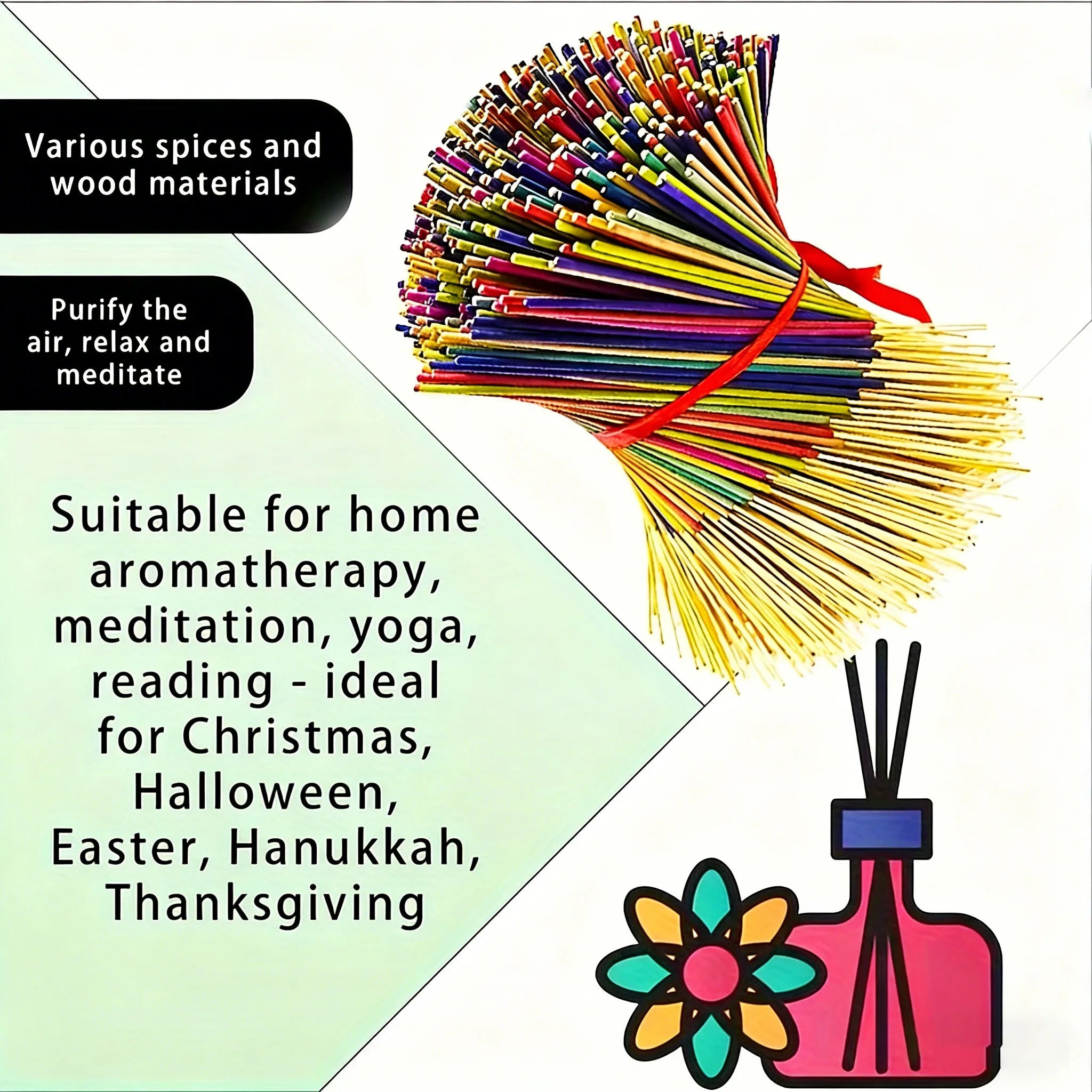 Wholesale Multi-Colored and Multi-Scented Incense Sticks - White Sage~Lavender~Rose~Lemongrass and Jasmine Various Scents |   Long-Lasting Home Air Purification Fragrance |   Christmas Gifts, Wholesale Options: 45/90/180/360