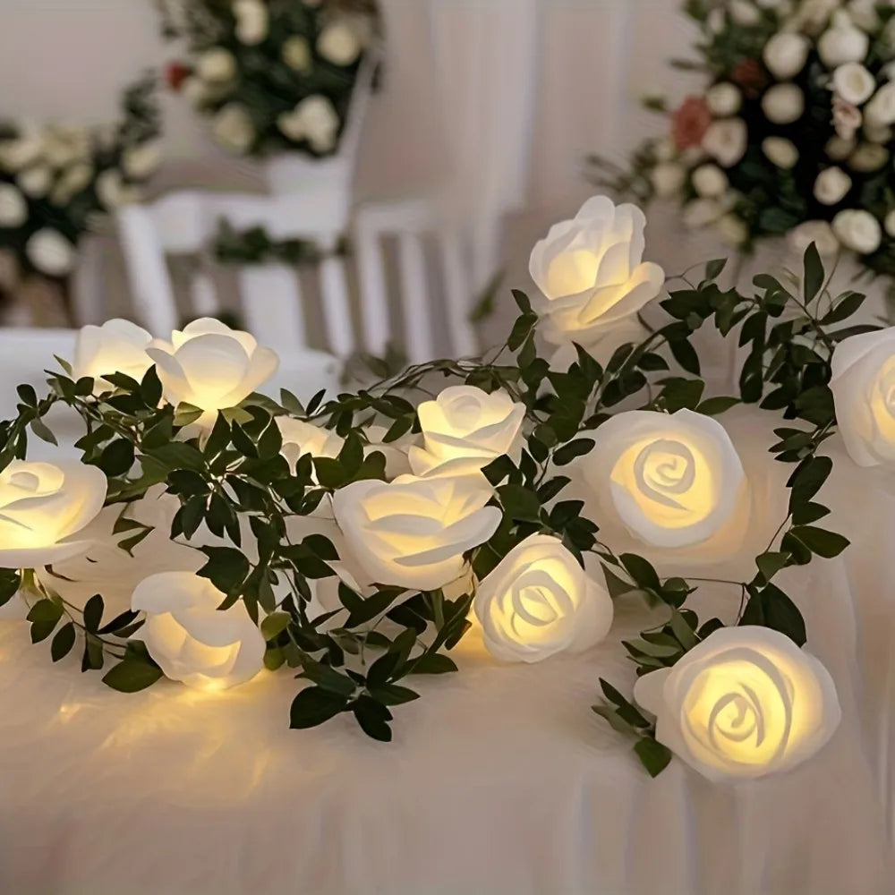 1PC Artificial White Rose  Fairy String Lights, Battery Powered（excl）, Decor for Bedroom Wedding Proposal, Valentine's  Day Gift