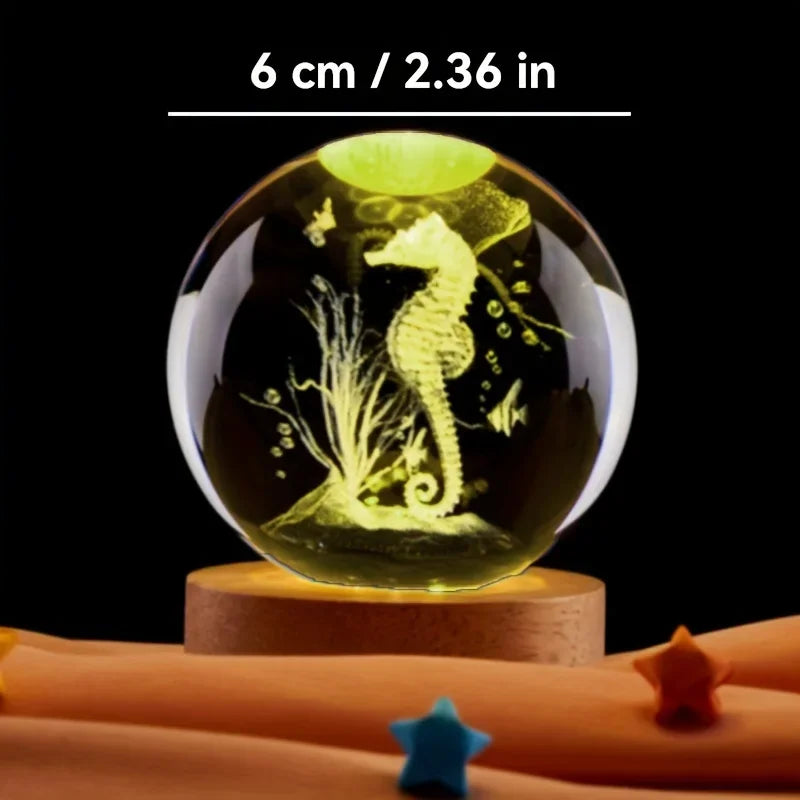 3D Seahorse Crystal Ball with Wooden Base Laser Engraved Seahorse Statue Night Light Room Bedroom Decorative Light  gift