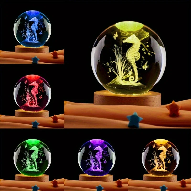 3D Seahorse Crystal Ball with Wooden Base Laser Engraved Seahorse Statue Night Light Room Bedroom Decorative Light  gift