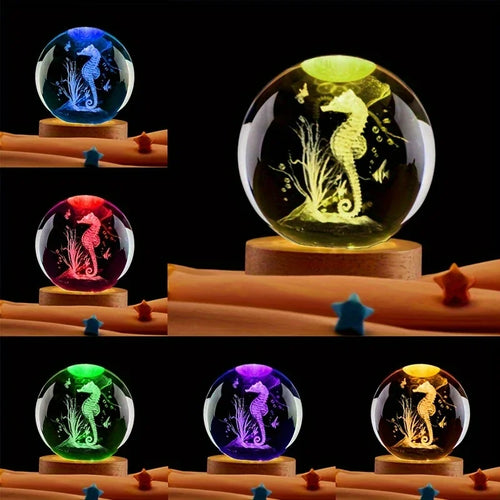 3D Seahorse Crystal Ball with Wooden Base Laser Engraved Seahorse Statue Night Light Room Bedroom Decorative Light  gift