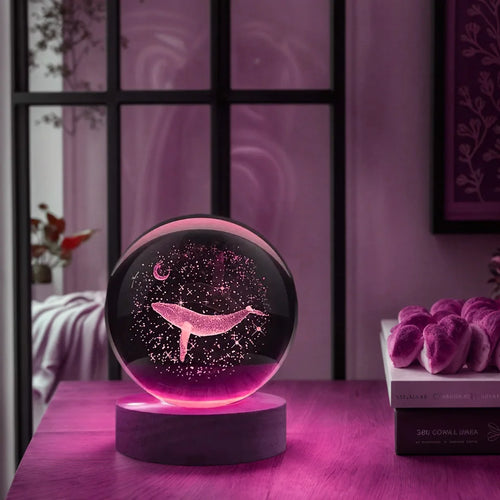 3D Maan met Walvis Kristallen Bol - Laser Gegraveerd Nachtlampje Kerst Halloween Decoratie