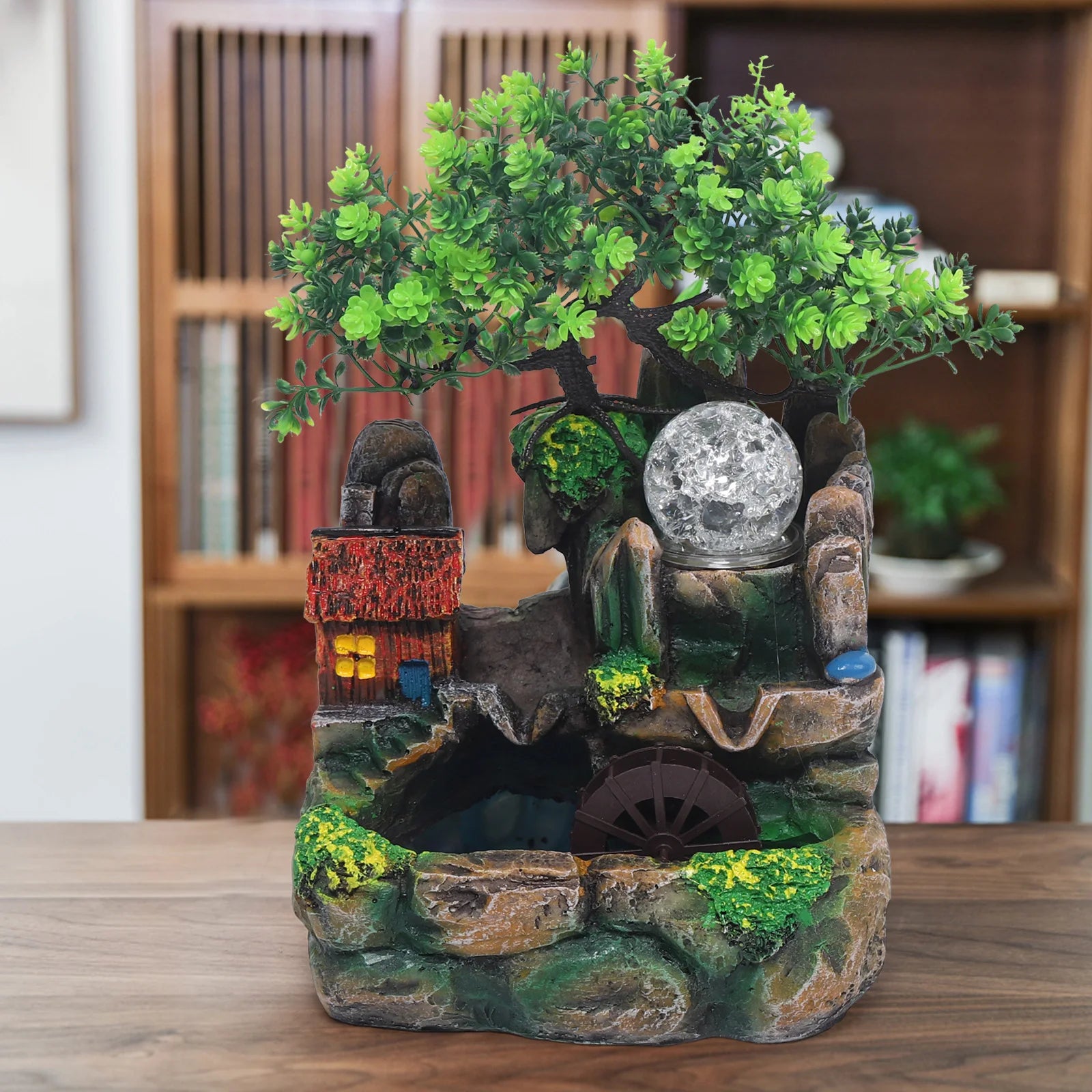 Tafel Waterval Rots Kamer - Met Atomizer & LED Bal Tuin Fontein RGB LED Verlichting Groene Plant