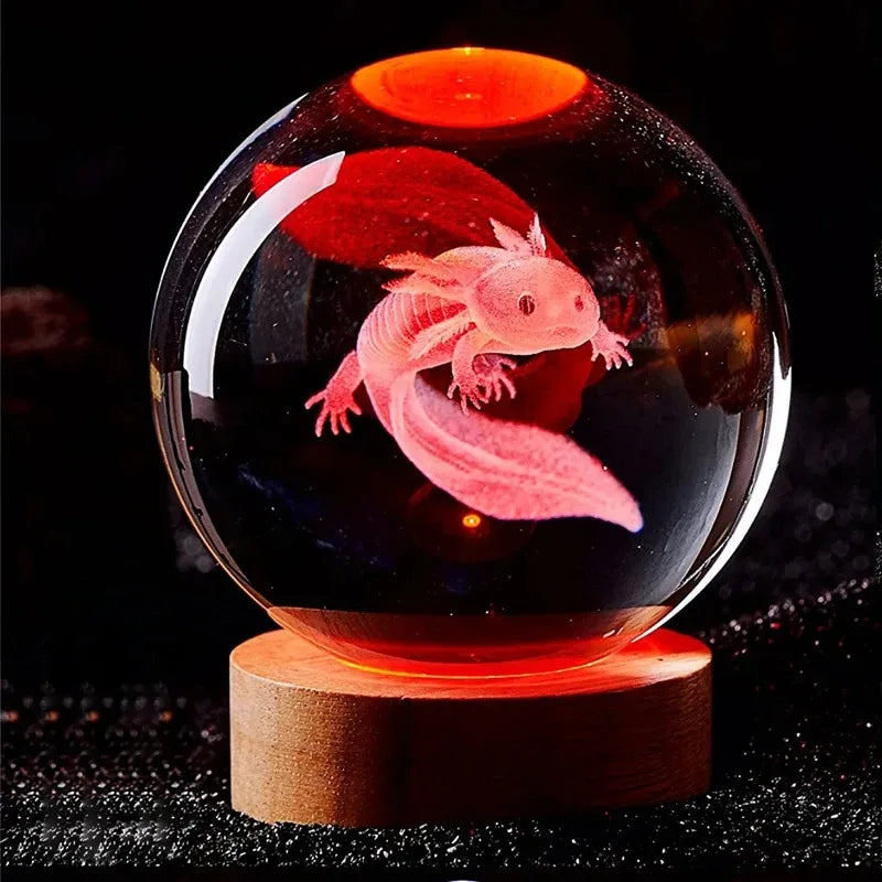 3D Axolotl Kristallen Bol - Laser Gegraveerd Nachtlampje Verjaardagscadeau