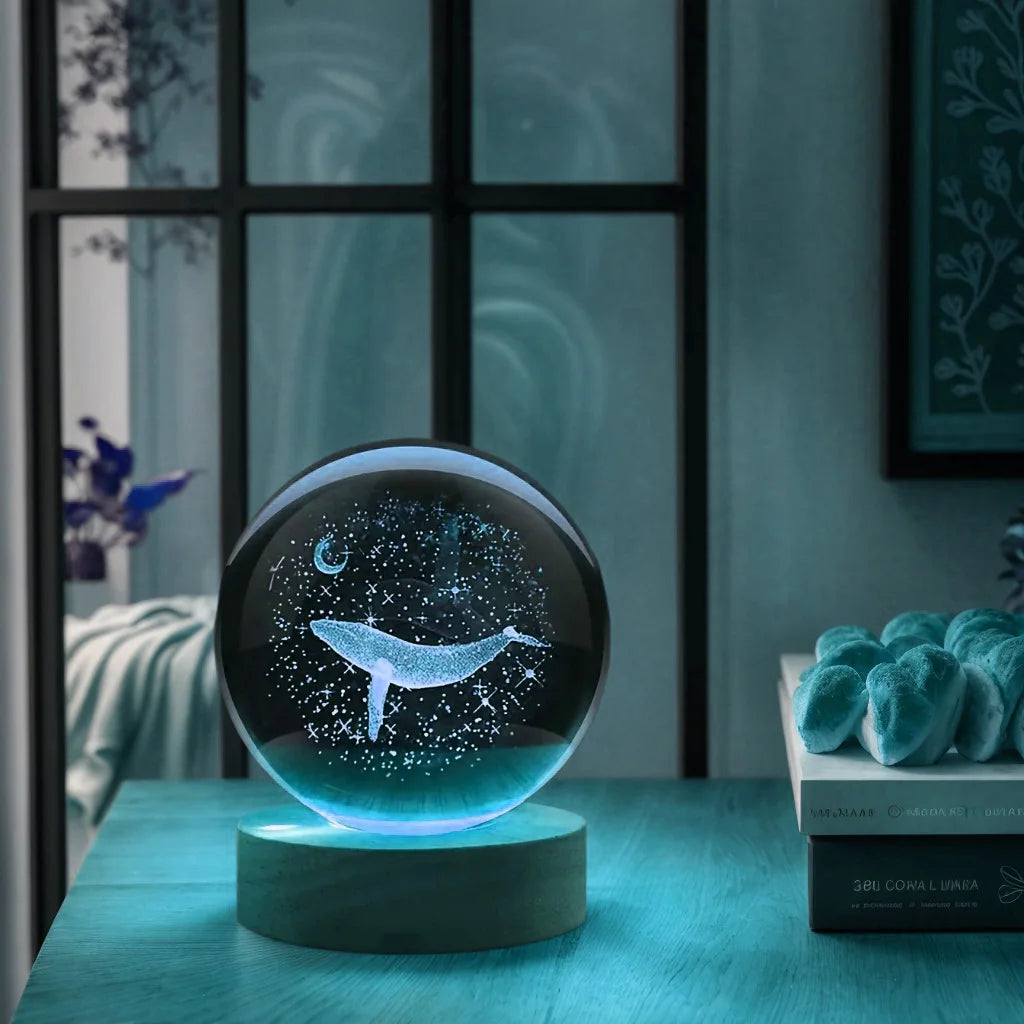 3D Maan met Walvis Kristallen Bol - Laser Gegraveerd Nachtlampje Kerst Halloween Decoratie