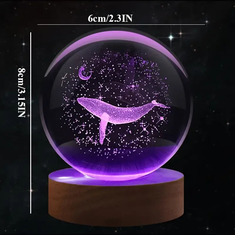 3D Maan met Walvis Kristallen Bol - Laser Gegraveerd Nachtlampje Kerst Halloween Decoratie