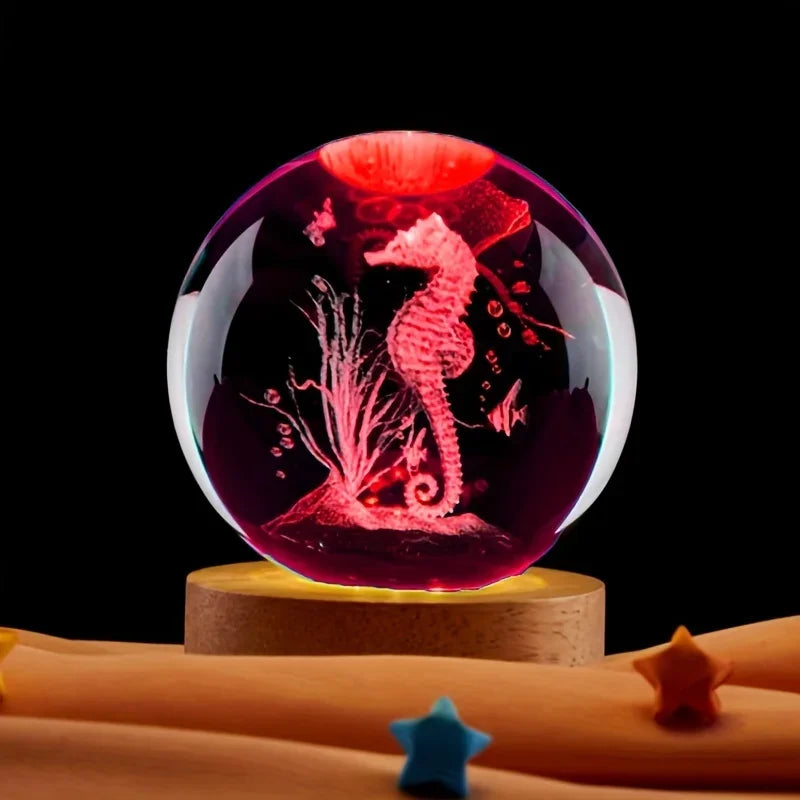 3D Seahorse Crystal Ball with Wooden Base Laser Engraved Seahorse Statue Night Light Room Bedroom Decorative Light  gift