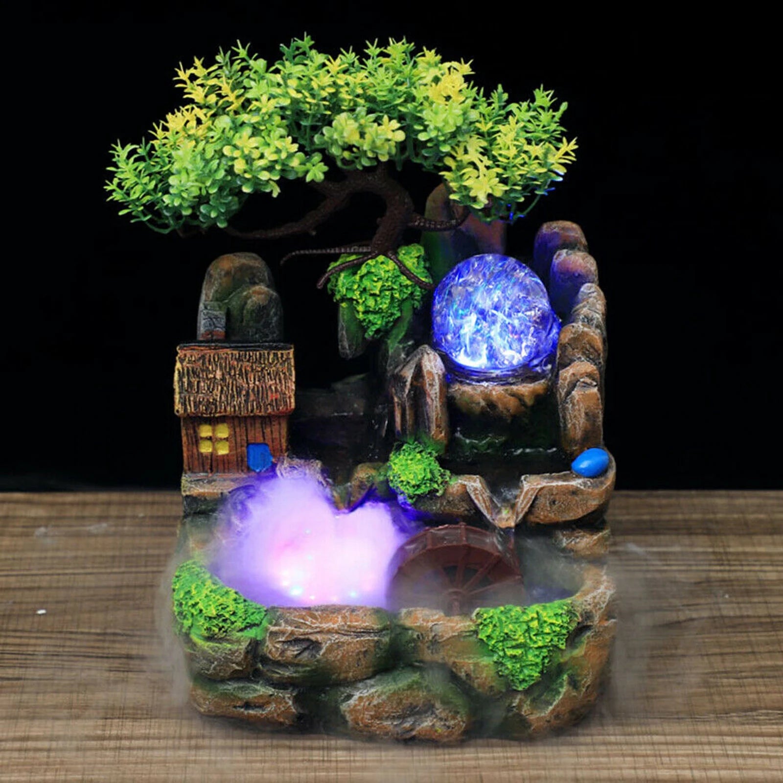 Tafel Waterval Rots Kamer - Met Atomizer & LED Bal Tuin Fontein RGB LED Verlichting Groene Plant