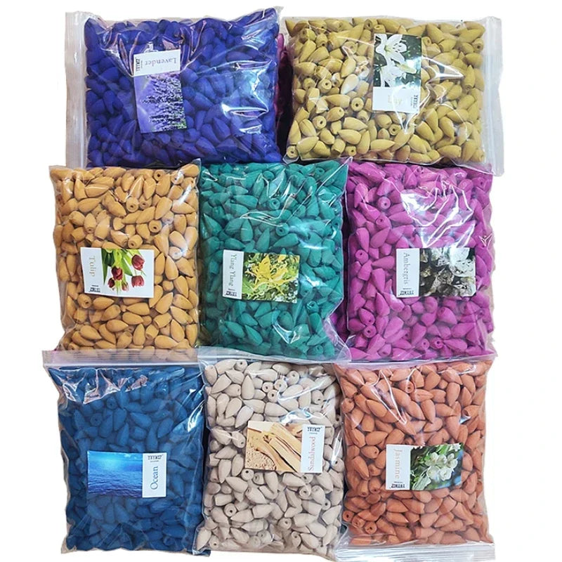 Natuurlijke Backflow Wierook Kegels 100g (60 Stuks) - Sandelhout Lavendel voor Reflux Wierook Brander Aromatherapie