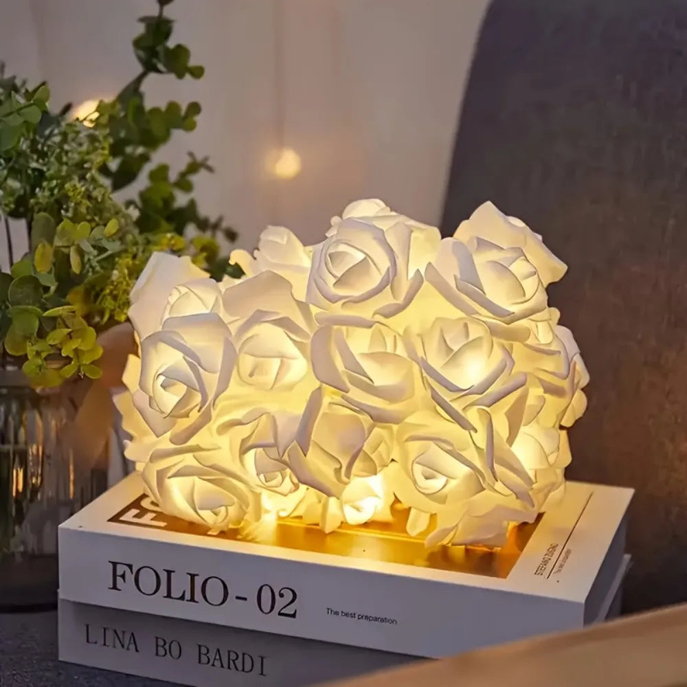 1PC Artificial White Rose  Fairy String Lights, Battery Powered（excl）, Decor for Bedroom Wedding Proposal, Valentine's  Day Gift