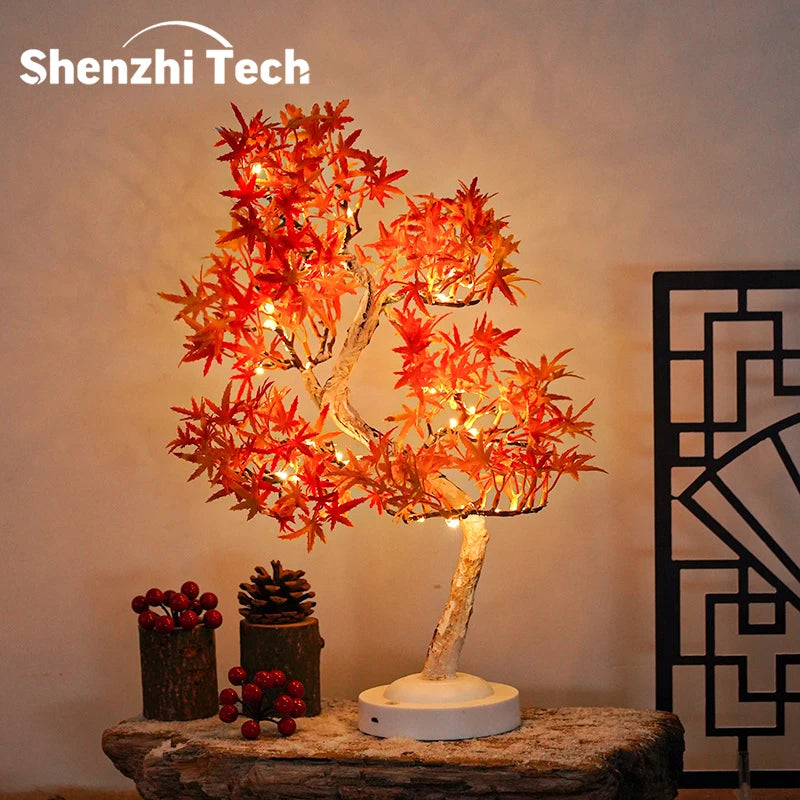 Artificial Bonsai Tree Lights Table Decor Maple Leaves Tree Fairy Lamp, Battery/USB Operated LED Night Light, for Camping Decor