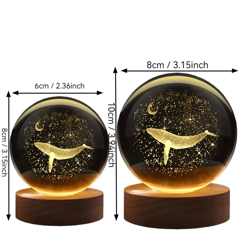3D Maan met Walvis Kristallen Bol - Laser Gegraveerd Nachtlampje Kerst Halloween Decoratie