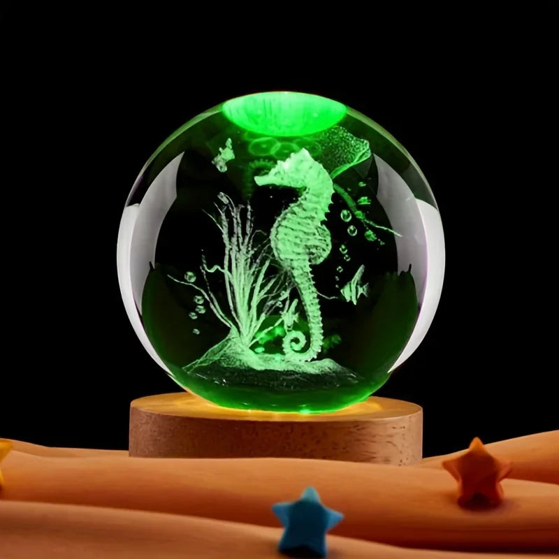 3D Seahorse Crystal Ball with Wooden Base Laser Engraved Seahorse Statue Night Light Room Bedroom Decorative Light  gift