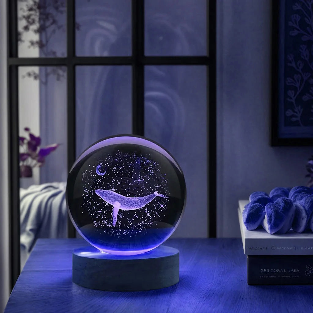 3D Maan met Walvis Kristallen Bol - Laser Gegraveerd Nachtlampje Kerst Halloween Decoratie