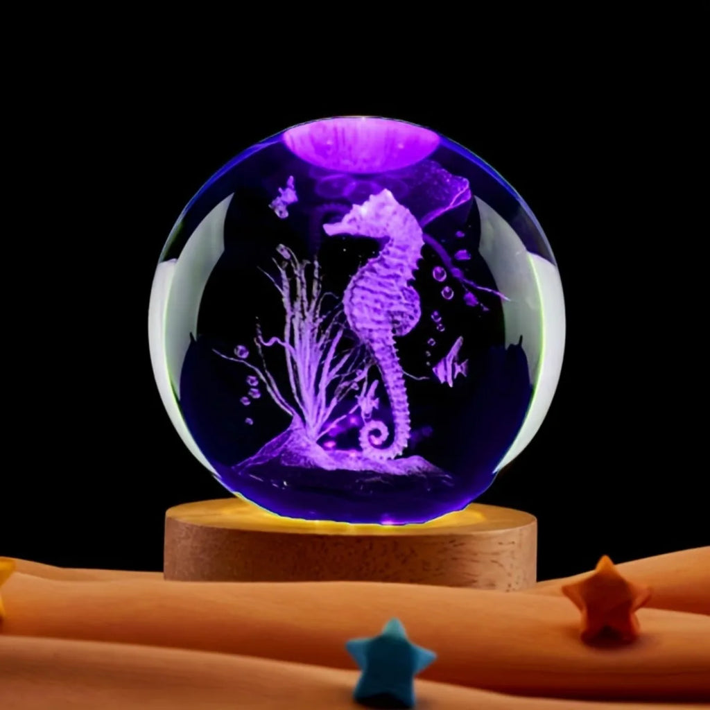 3D Seahorse Crystal Ball with Wooden Base Laser Engraved Seahorse Statue Night Light Room Bedroom Decorative Light  gift
