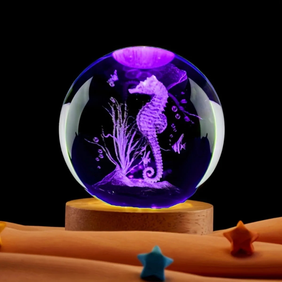 3D Seahorse Crystal Ball with Wooden Base Laser Engraved Seahorse Statue Night Light Room Bedroom Decorative Light  gift
