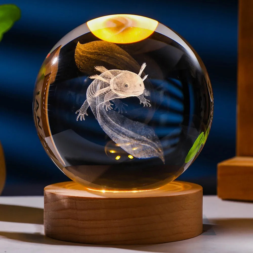 3D Axolotl Kristallen Bol - Laser Gegraveerd Nachtlampje Verjaardagscadeau