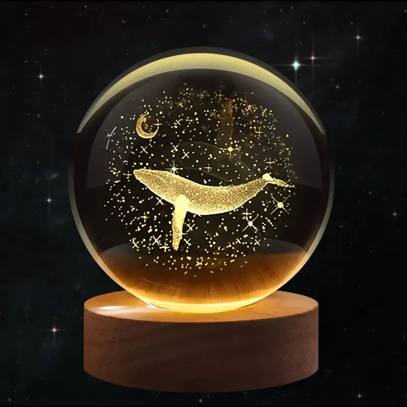 3D Maan met Walvis Kristallen Bol - Laser Gegraveerd Nachtlampje Kerst Halloween Decoratie