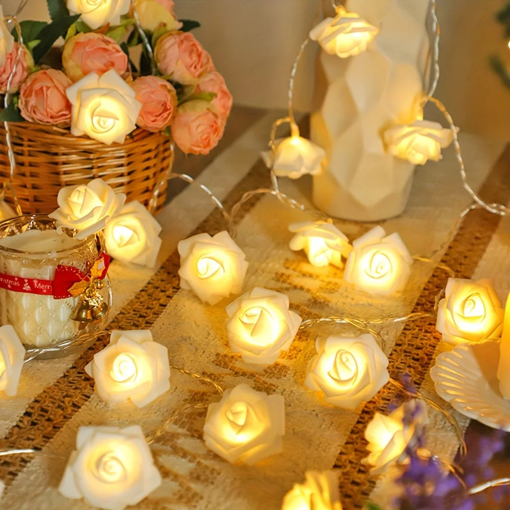 1PC Artificial White Rose  Fairy String Lights, Battery Powered（excl）, Decor for Bedroom Wedding Proposal, Valentine's  Day Gift