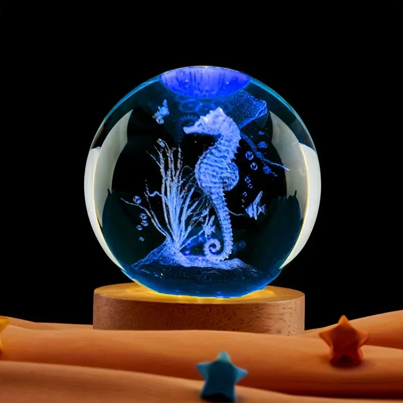 3D Seahorse Crystal Ball with Wooden Base Laser Engraved Seahorse Statue Night Light Room Bedroom Decorative Light  gift