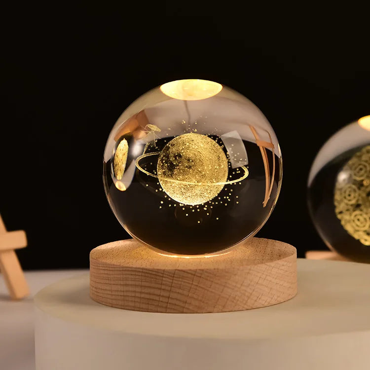 Kristallen Bol Nachtlampje - Laser Gegraveerd Verjaardagscadeau met Houten USB Basis