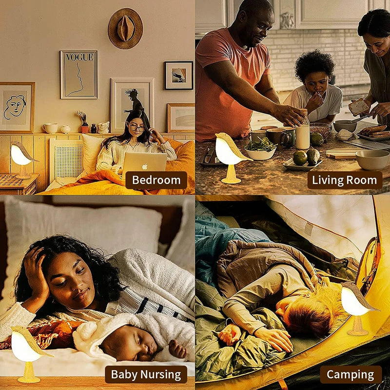 Houten Vogel Nachtlampje LED - 3 Kleuren Touch Schakelaar Oplaadbaar voor Slaapkamer Bureau Decoratie