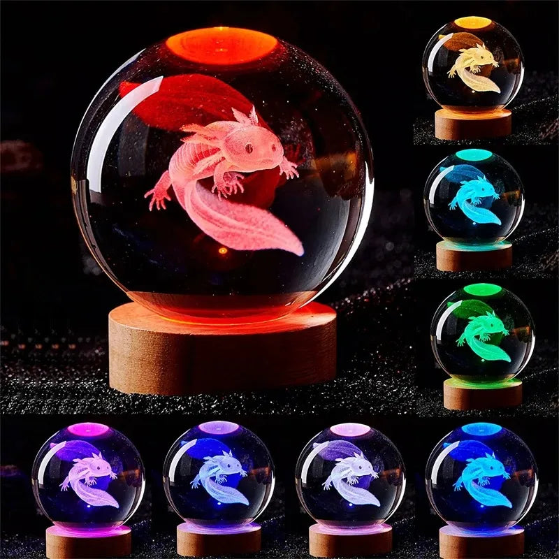 3D Axolotl Kristallen Bol - Laser Gegraveerd Nachtlampje Verjaardagscadeau