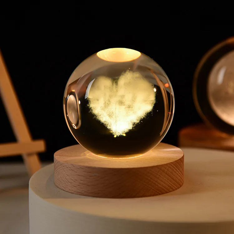 Kristallen Bol Nachtlampje - Laser Gegraveerd Verjaardagscadeau met Houten USB Basis
