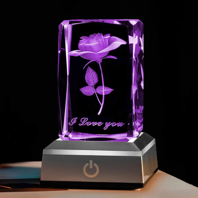 3D Roos Kristallen LED Nachtlampje - Verjaardagscadeau voor Vriendin Vrouw en Moeder