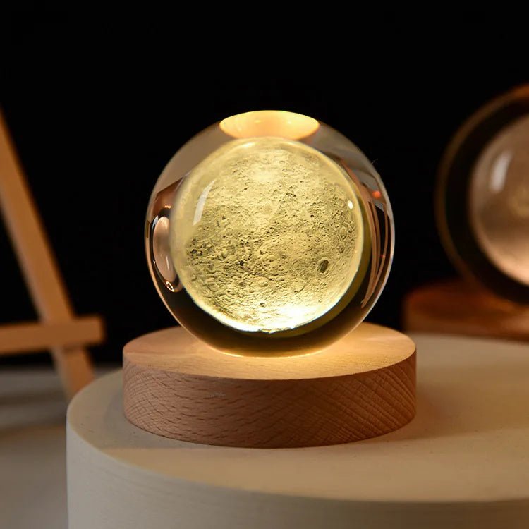 Kristallen Bol Nachtlampje - Laser Gegraveerd Verjaardagscadeau met Houten USB Basis